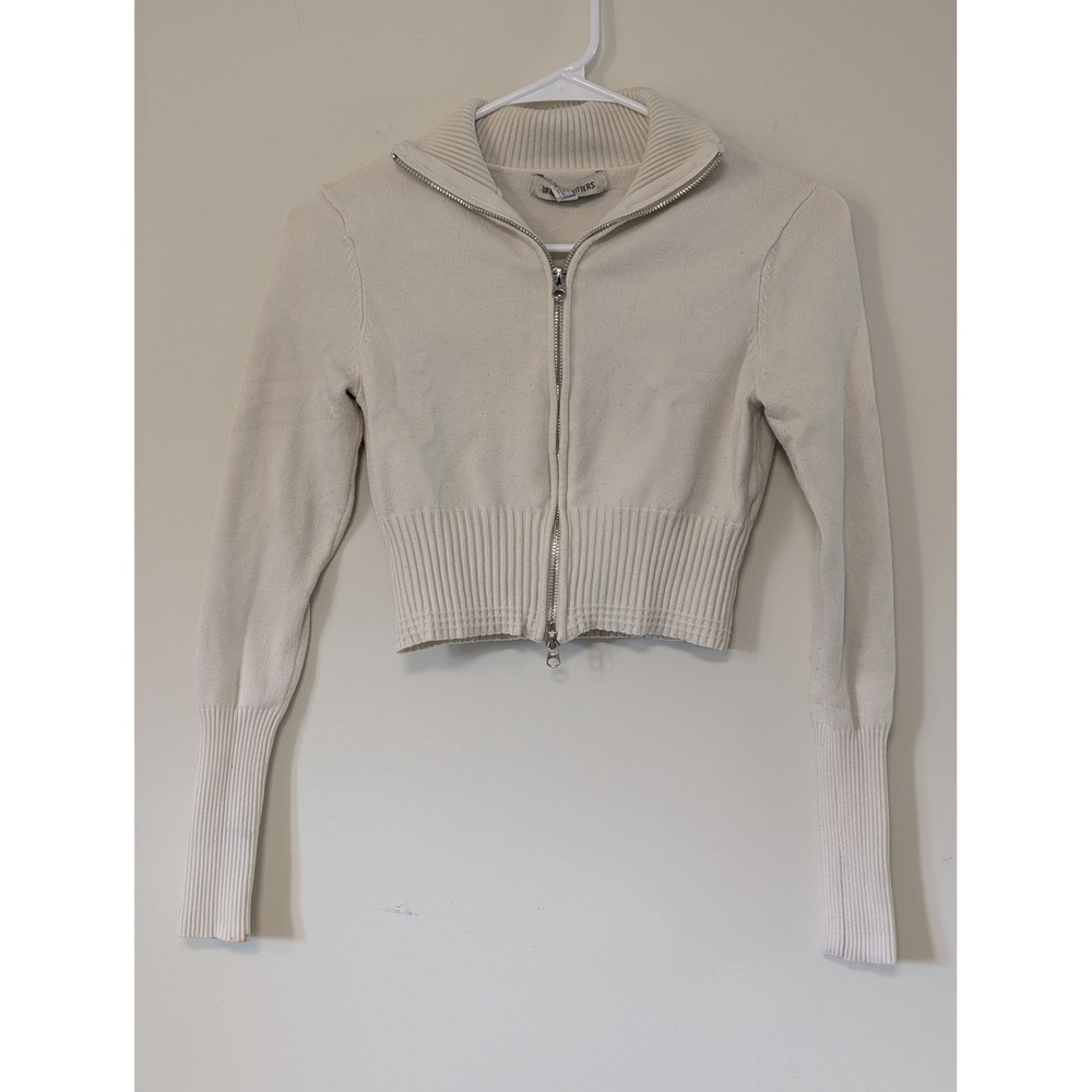 Urban Outfitters Women Cream Cropped Full Zip Ribbed Knit Sweater Mock Neck S